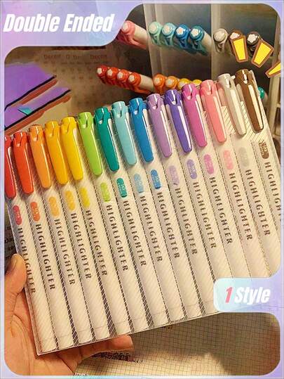 15pcs Double-Headed Fluorescent Highlighter Pens, 17*14cm, Dual-Tip Design, Soft Colors, Suitable For Coloring, Underlining, Highlighting, Coarse And Fine Nibs, Essential For Children, Teenagers, College Students, And Office Use