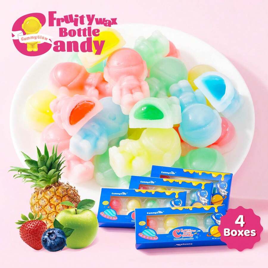 Gummy Glow Astronaut Wax Candy, 4 Boxes 4 Fruity Flavors In Oodles WaxCandy Drinks Filled With Flavored Syrups Green Apple Blueberry Strawberry Pineapple Holiday Gift Bonbon Sweet Snack New Year Gifts - 4個盒子 - 查看 1