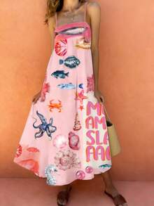 Women's Tropical Fish, Seashell & Letter Print Casual Vacation Dress, Spring/Summer - Pink - View 6