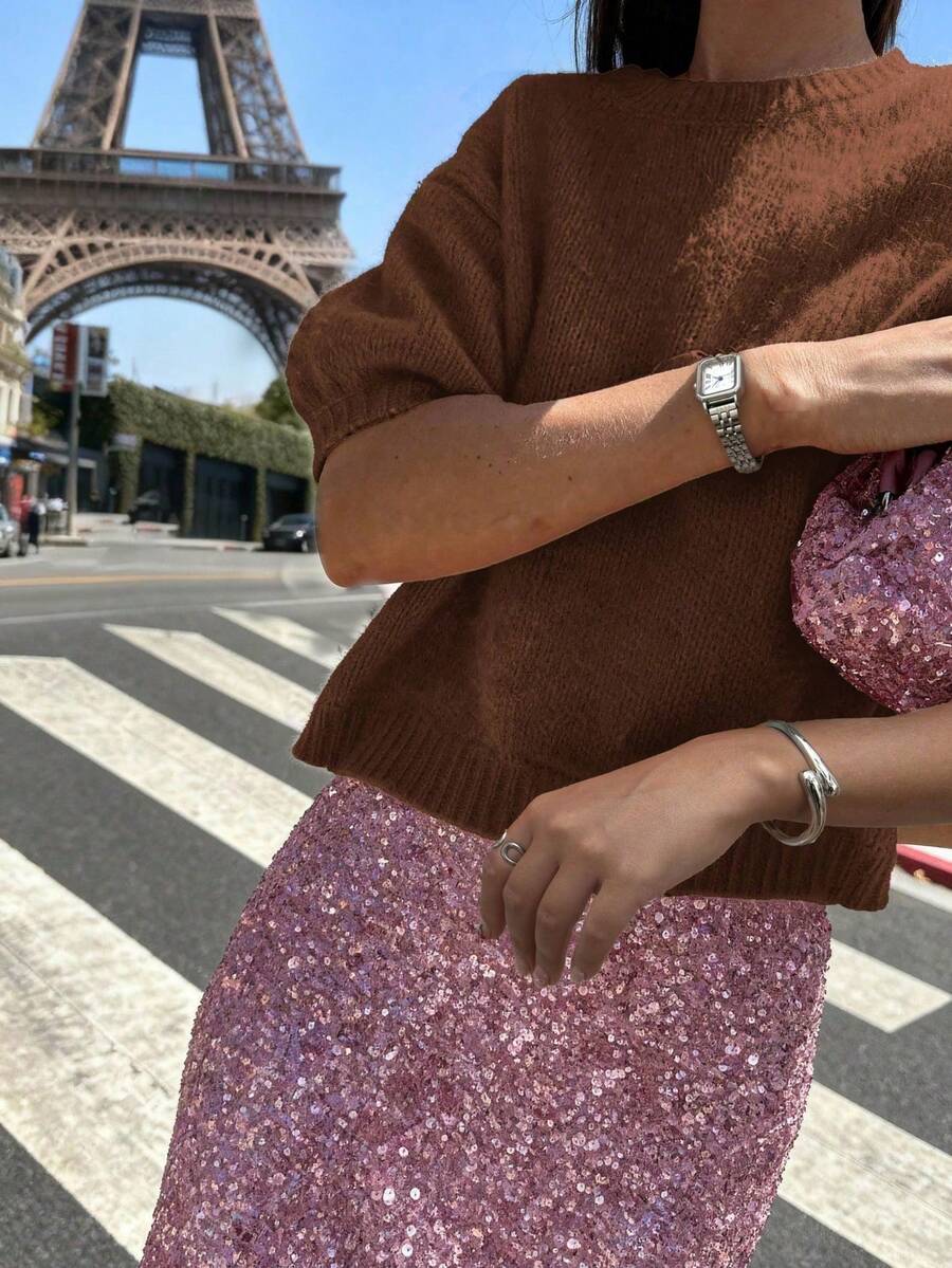 Suéter de punto de cuello redondo de manga corta para mujer, nuevo suéter holgado y suave casual, adecuado para el uso diario, versátil, elegante y minimalista, primavera/verano