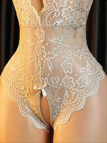Floral Lace Scallop Trim Crotchless Teddy Bodysuit - Grey - View 4