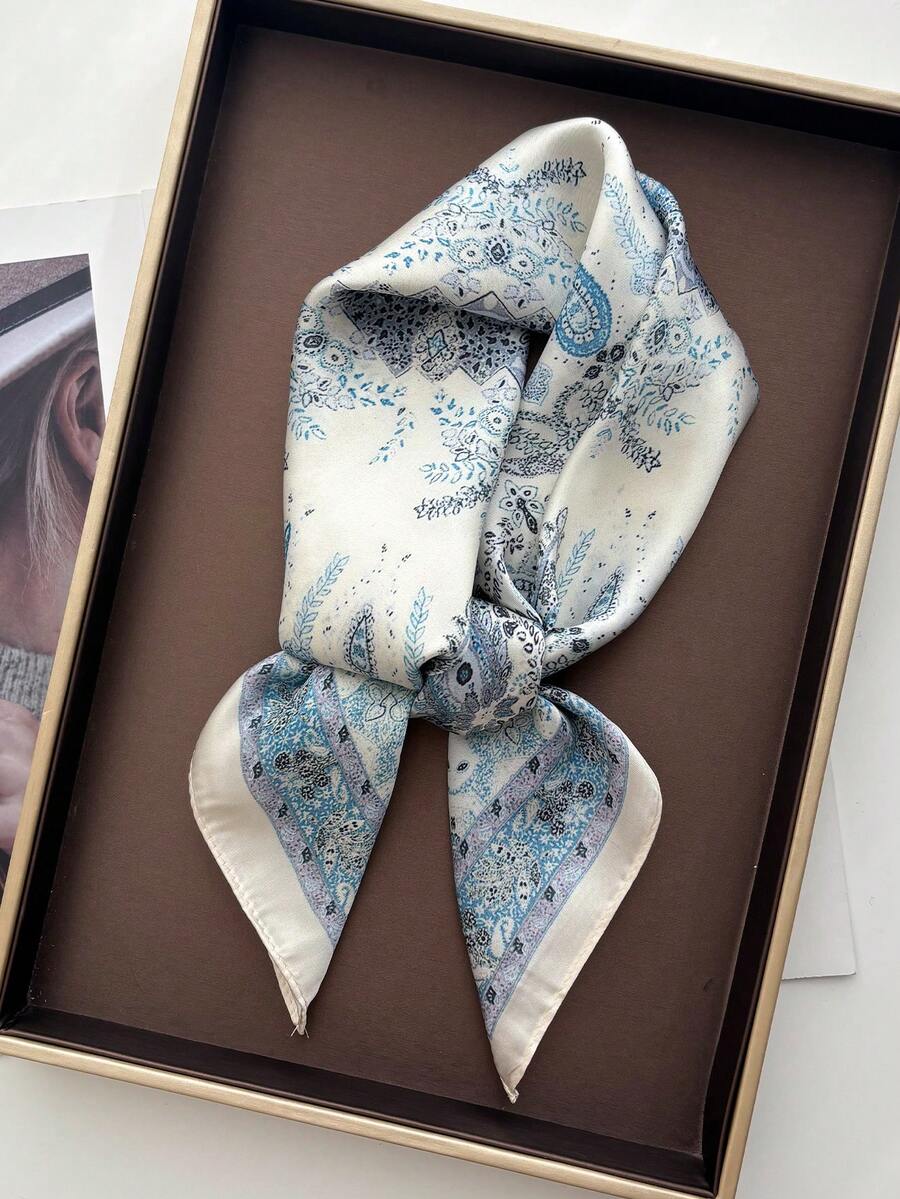 1条女士方形缎面印花头巾，时尚头带围巾披肩颈巾 - 淺藍色 - 查看 1
