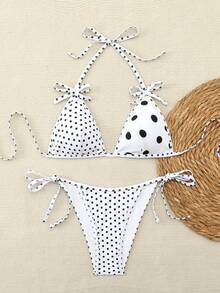 Bộ bikini chấm bi đen trắng bất đối xứng mới, đồ bơi gợi cảm buộc dây cổ giúp thon gọn vóc dáng, thích hợp cho kỳ nghỉ biển và tiệc tùng. - Nhiều màu - Xem 2