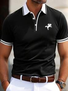 Polo homme casual en tricot doux, respirant et extensible de couleur unie avec impression de couleur contrastée sur la poitrine. Convient pour l'extérieur, la maison et les déplacements. Pièce essentielle polyvalente pour homme - Noir - Voir 2