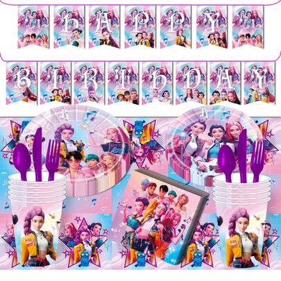 KPOP 96pcs Party Tableware Set, 9/7 Inch Plates, 9oz Cups, Cutlery, Birthday Banner, Tablecloth, Napkins, Anime Summer Birthday Party Supplies
