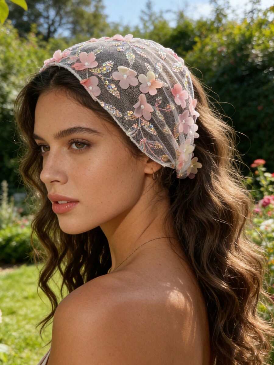 1件装时尚波西米亚亮片叶子蕾丝网纱花朵弹力发箍，女士发饰 - 彩色 - 查看 1