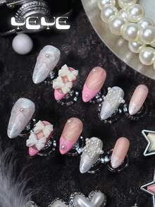 Upgrade Your Look With 10pcs Fake Nails Press On Almond French Tip,Pink,Nude Pink As The Base Color,Pearl White,3d Three-Dimensional Decoration Element,Bowknot,Pearl Star,Rhinestone Decor,Japanese Style Full Coverage Fake Nails Acrylic Medium Length Set,Sweet Heart Nail Supplies For Women And Girls &1pc Mini Nail File & 1 Sheet Adhesive Tabs,Boho Nail Art For Festivals, Daily, Work, Parties, Gatherings And Other Places - Pink - View 2