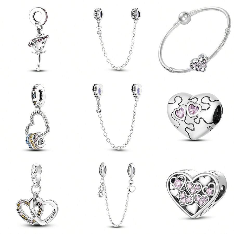 1 Pc Fashion Heart Sparkling Beads Dangle Charm Silver Plated Fit Bracelet Necklace DIY Holiday Gift - Multicolor - View 1