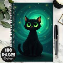 100-Page Spiral Notebook With Dreamy Starry Sky & Black Cat Theme. The Cover Features A Black Cat With A Green Halo And Stars, Which Is Cute And Mysterious. Suitable For Work Records, Study Notes, Daily Diaries, And Also Makes A Thoughtful Graduation Or Birthday Gift. A Great Companion For Memos And Daily Planning. - E - View 7