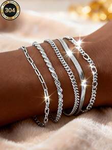 Znice不锈钢闪亮不对称刀锋极简手链，时尚个性化首饰套装，适合日常佩戴、派对佩戴、海滩度假佩戴，防水耐用 - 銀色 - 查看 1