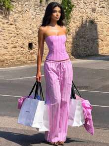 Women's Elegant Pink Striped Drawstring Wide Leg Pants, Chic Casual Vacation Pants - Pink - View 1