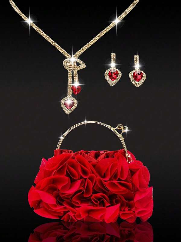 Luxurious Red Floral Bridal Handbag, Perfect For Parties, Romantic Weddings, Spring/Summer Chain Shoulder Bag, Bridal Bag, Formal Prom Clutch, Elegant Evening Gown Bag, Rhinestone Jewelry Sparkling Necklace, Earrings, And Bracelet Set, Ideal For Parties, Weddings, Proms, Banquets/Evenings, And Can Be Paired With Festive Party Dresses, Evening Gowns, And Sequined Dresses.