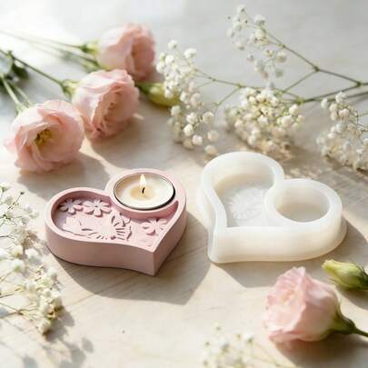 1pc DIY Clay Mold Heart Carved Candle Holder Base, Cement, Gypsum, Resin Mold, Silicone Mold, Suitable For Making Mother's Day Decor, Birthday Gifts, Holiday & Wedding Decorations, Reusable