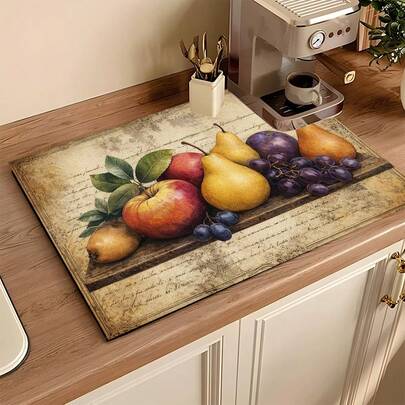 1pc Fruit Pattern Absorbent Drying Mat, Kitchen Decor Coffee Machine Mat, Handmade Coffee Pot Draining Pad, Kitchen Floor Mat, Dining Table Mat, Kitchen Counter Dish Drying Mat, Coaster, Beverage Mat, Breakfast Mat, Heat-Resistant Anti-Slip Draining Mat, Diatomite Draining Mat, Hides Stains, Super Absorbent Kitchen Mat, Easy To Clean Dish Rack Mat, Suitable For Kitchen, Dining Table, Coffee Shop, Bar, Holiday, Party, Home Decor, Holiday Gift