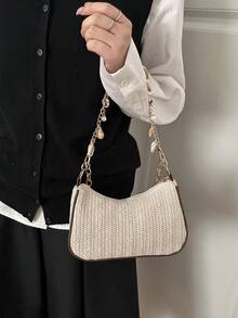 新款夏季草编单肩包、编织手提包、沙滩包、手机包、腋下包（女士款） - 米色 - 查看 5