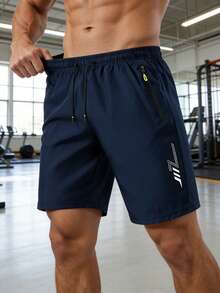 1pc Men's Sports Casual Loose Ice Silk Shorts, Printed Design, With Pockets, Zipper And Waist Drawstring, Suitable For Fitness And Outdoor Activities - Navy Blue - View 4