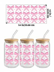 4 miếng dán chuyển nhiệt UV DTF cho cốc thủy tinh 16oz (9.4x4.3 inch), không cần nhiệt, họa tiết nơ hồng dễ thương, trái tim anh đào, phong cách tươi mới, chống thấm nước, tự dính, thích hợp cho cốc Libbey, quà tặng DIY cho bé gái. - Coquette 03 - Xem 5