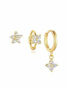 3件套经典闪亮立方氧化锆精致小耳环，适合女士婚礼和日常佩戴，超小耳钉，情人节或生日送礼佳品 - 三件組B款金色 - 查看 4