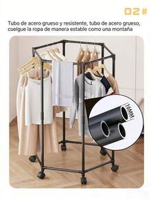Perchero de Piso Giratorio 360° Hexagonal de Doble Capa, Perchero de Ropa Multifuncional con Ruedas para Dormitorio y Balcón, Tubo de Acero Reforzado, Capacidad Grande, Color Negro/Blanco - Negro - Ver 3