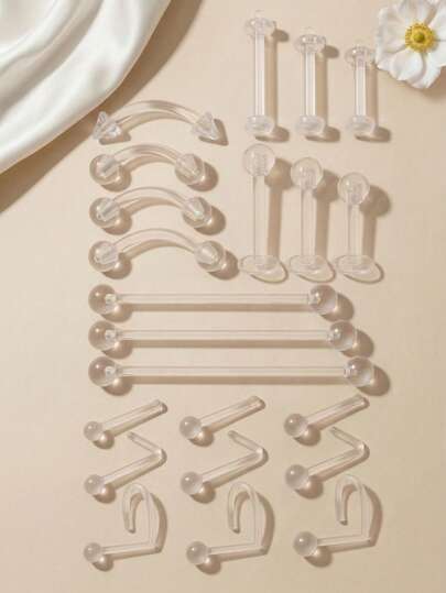 3pcs Casual Plastic Spiked Piercing Jewelry Set, Unisex, Suitable For Daily Commute; 20G Nose Stud, 16G Lip Stud, Clear Piercing Retainer, Lip Ring, Eyebrow Ring, Plastic Industrial Barbell, Industrial Barbell Retainer, Cartilage Earrings