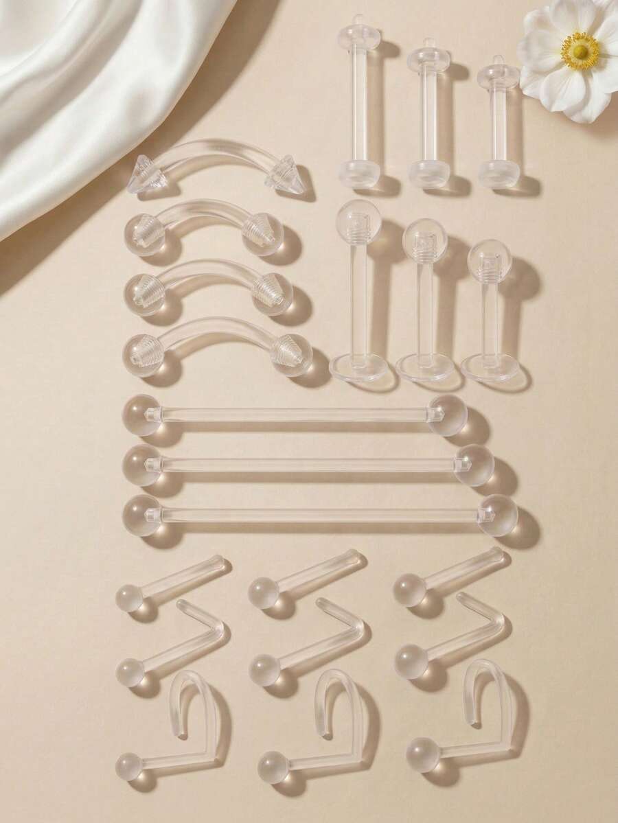 3件套休闲塑料尖刺穿刺饰品套装，男女通用，适合日常通勤；20G鼻钉，16G唇钉，透明穿刺固定器，唇环，眉环，塑料工业杠铃，工业杠铃固定器，耳骨耳环 - 透明 - 查看 1