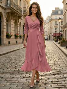 MIUSOL Vestido de gala maxi con cuello en V, encaje floral y volantes en el bajo para boda y fiesta de primavera - Rosa vieja - Ver 2