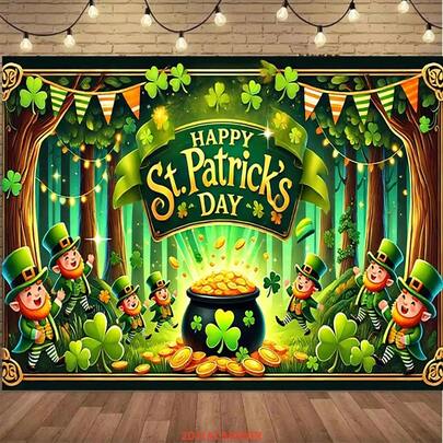 2D平面单幅印刷横幅，适用于圣帕特里克节背景装饰、派对装饰，亮绿色圣帕特里克节横幅，饰有三叶草和高顶礼帽图案，适合室内/室外庆祝活动、2D平面生日派对，也是美化房间、花园或庭院的理想之选。易于安装，适合室内外使用。