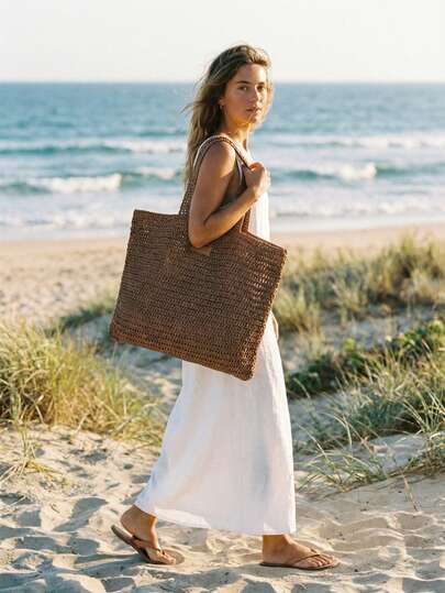 Burberry 1 adet Büyük Kapasiteli Hasır El Çantası, Taşınabilir Seyahat Saklama Çantası, Yaz Stili Kozmetik Çantası, Bej ve Kahverengi