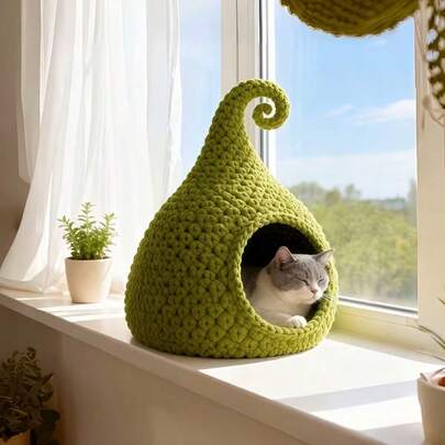 单件装牛油果绿钩针猫窝套装，创意钩针DIY | 包含高品质钩针 + 专属颜色毛线 + 配件 | 送给朋友、生日、新年、情人节、圣帕特里克节的理想礼物 | 附带详细的步骤教程和缝纫技巧，可作桌面装饰/家居摆设/婚礼装饰，适合初学者