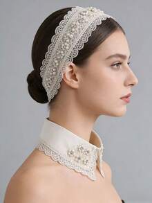 1 Pc Sweet Retro Lace Flower Fake Collar, Faux Pearl Sparkling Diamond Fake Collar, Fashionable Collar Fake Collar - White - View 2