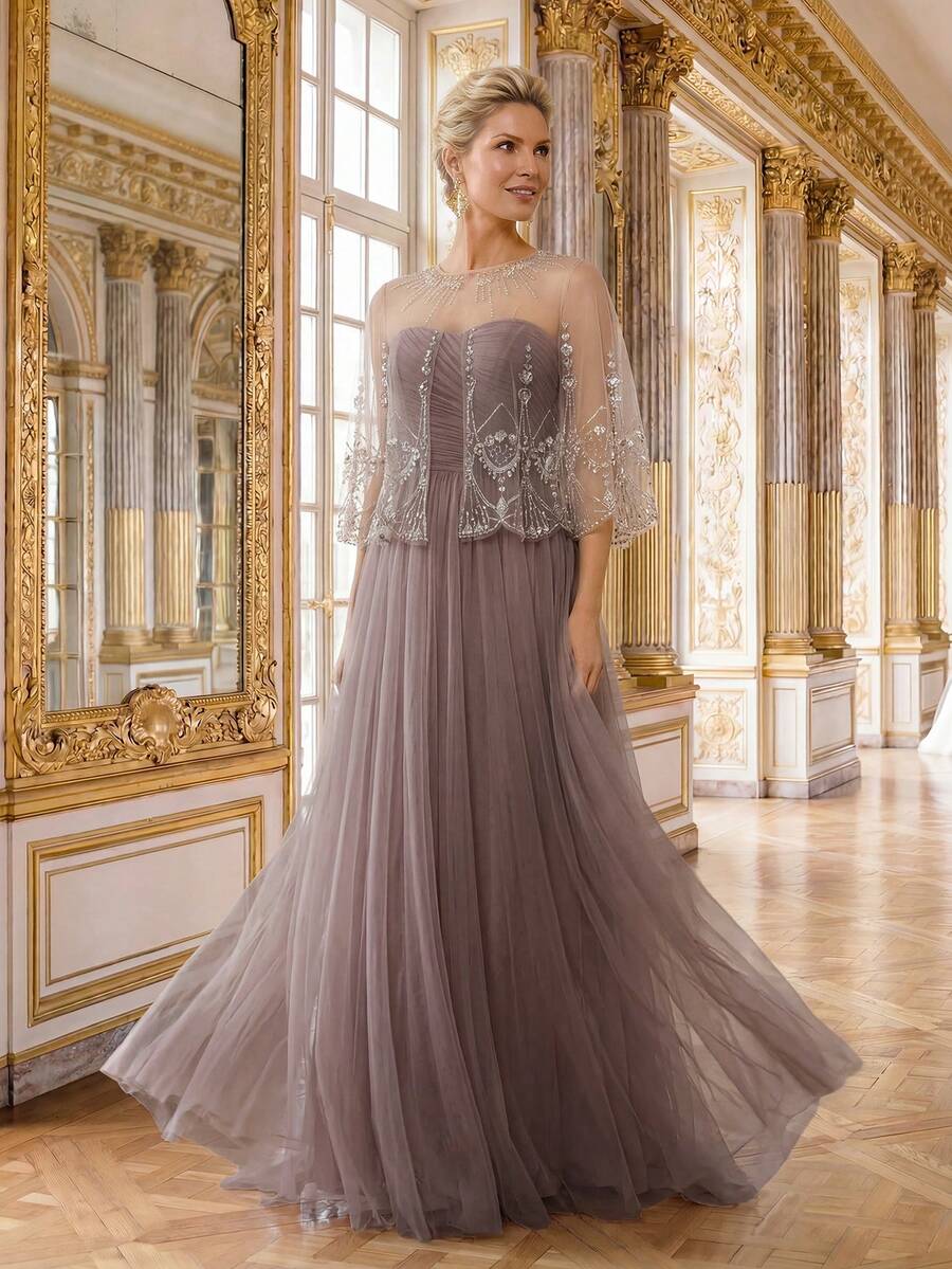 New Elegant Lace Shawl Strapless Evening Dress Gown With Shawl Included Party Spring Wedding - Dusty Purple - View 1
