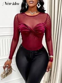 Áo thun dài tay xuyên thấu màu đỏ rượu vang gợi cảm dành cho nữ, kiểu dáng ôm sát với họa tiết xoắn phía trước, thích hợp cho buổi tối hẹn hò. - Màu Đỏ Sâu - Xem 4