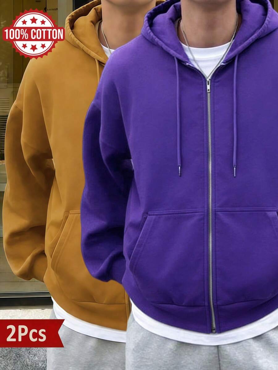 Áo hoodie nam có khóa kéo, chất liệu cotton nguyên chất, thoải mái, dáng rộng, dễ phối đồ, thích hợp mặc hàng ngày/ngoài trời/ngày lễ, bộ 2 chiếc, nhiều màu sắc. - Tím + Nâu vàng - Xem 1