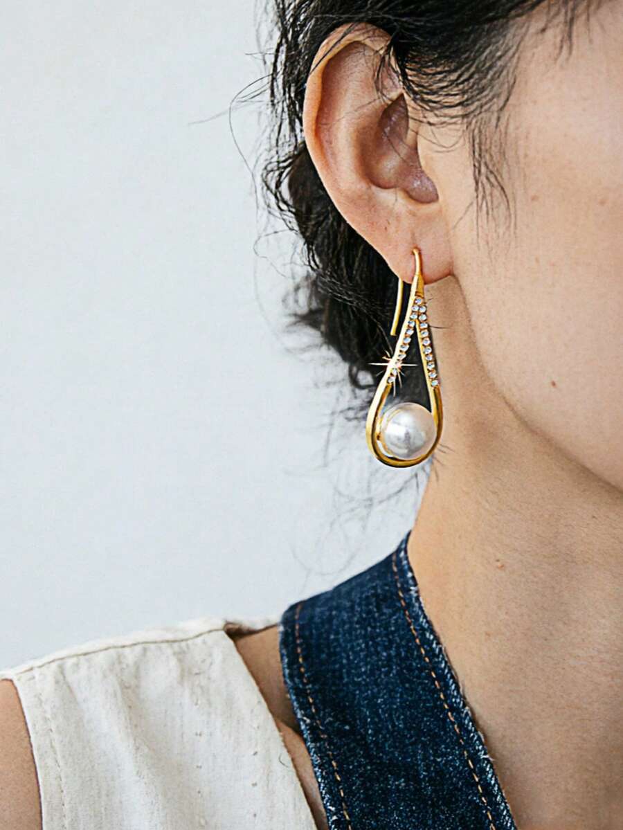 1 Pair Delicate Geometric Minimalist Niche Design Earrings, Versatile High-End Aesthetic (Random Diamond Quantity) - Multicolor - View 1