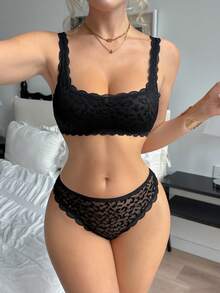 一套欧美性感豹纹蕾丝拼接吊带背心和丁字裤女士内衣套装 - 黑色 - 查看 3
