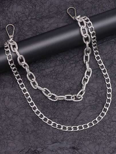 1pc Double-Layer Silver Pant Chain, Punk Style Wallet Chain With Carabiner Clip, Unisex Jeans Chain (Varying Chain Links)