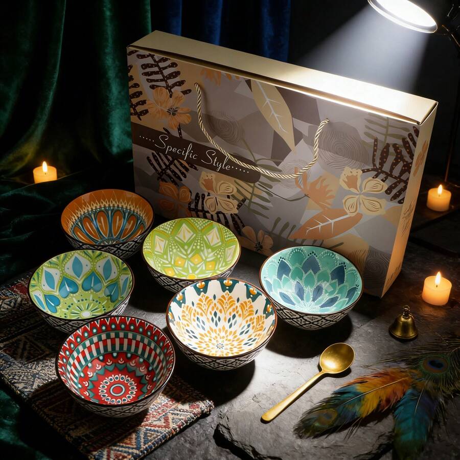 Set Of 6 Ceramic Bowls 10 Oz, Bohemian Ceramic Bowl Set, Bohemian Style Small Vintage Bowl Gift, 4 Color Kitchen Cutlery Serving Bowl, Can Hold Cereal, Soups, Desserts, Snacks, Fruit, Salads; Microwave, Oven, Refrigerator And Dishwasher - Perfect For Dining And Gifts - 彩色 - 查看 1