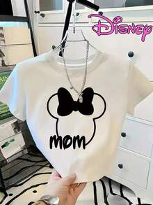 Disney - Black Minnie Mouse Head T-Shirt With A Bow And The Word "Mom" In Handwritten Font Below. The Overall Design Is A Family-Themed Pattern. Suitable For Hot Summer Women's Wear, This Cropped T-Shirt Is Slimming And Elegant With A Print.Made From Soft, Comfortable, And Durable Pure Cotton, This Is An Ideal Choice For Spring And Summer. This Crew Neck T-Shirt Is Suitable For Various Occasions, Including Everyday Wear, Shopping, Parties, Travel, And Gatherings, And Also Makes A Thoughtful Gift. - White - View 1