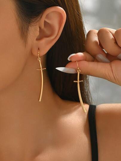 1 Pair Minimalist Metal Cross Long Earrings, Niche Design Earrings For Women, Suitable For Daily Commute