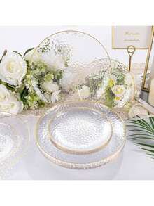 50pcs/Set Transparent Gold Rim Hammered Round Plates, 10.25 Inch Large Plate, 7.5 Inch Plate, Reusable And Easy To Clean Lovely Dinnerware, Suitable For Weddings, Birthday Parties, Family Gatherings, Outdoor Team Building, Schools, Back To School Events - View 11