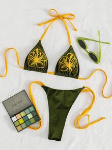 性感复古棕黄刺绣比基尼套装 - 三角上衣 + 侧系带泳裤 | 欧洲博主风格海滩度假泳装 - 墨綠色 - 查看 3