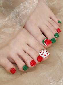 12片手工脚趾甲贴纸，适合派对和日常佩戴，白色背景上手绘水果图案，可爱简约纯色，易于粘贴。12片Y2K风格手工脚趾甲贴纸，适合女士节日、派对、音乐节、日常佩戴、情人节、母亲节礼物。按压式美甲贴纸。 - 綠色 - 查看 3