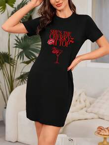Women's "Cherry On Top" Slogan Nightdress | Casual Lounge T-Shirt Dress - Black - View 3