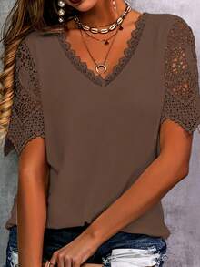 Plus Size Women V-Neck Short Sleeve Lace Patchwork T-Shirt, Summer Vacation Casual - Camel - View 4