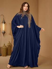 Đầm dạ hội dáng ôm thanh lịch bằng vải satin đính sequin, cổ đứng, tay cánh dơi dành cho nữ hiệu SUPGIR, thích hợp cho mùa xuân. - Màu xanh hải quân - Xem 1