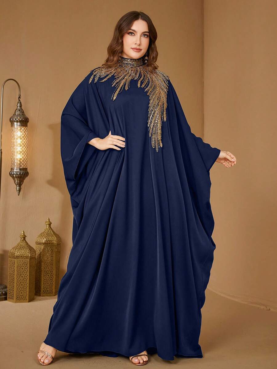 Đầm dạ hội dáng ôm thanh lịch bằng vải satin đính sequin, cổ đứng, tay cánh dơi dành cho nữ hiệu SUPGIR, thích hợp cho mùa xuân. - Màu xanh hải quân - Xem 1