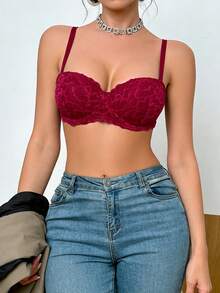 Women's Red Sexy Lace Lingerie, Comfortable French Lace Patchwork Bra, Lift And Gather Underwire Bra - Red - View 5