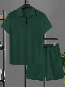 Plus-Size Men's Clothing, Men's Summer Short-Sleeved Shorts Plus-Size Polo Suit, Solid Color Casual Versatile. - Olive Green - View 3