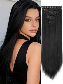18/32 Inch Long Straight Hair Extensions, 7pcs Thick Clip-In Hair Pieces With Invisible Clips, Soft Synthetic Fiber, Black, Suitable For Women - Multicolor - View 14