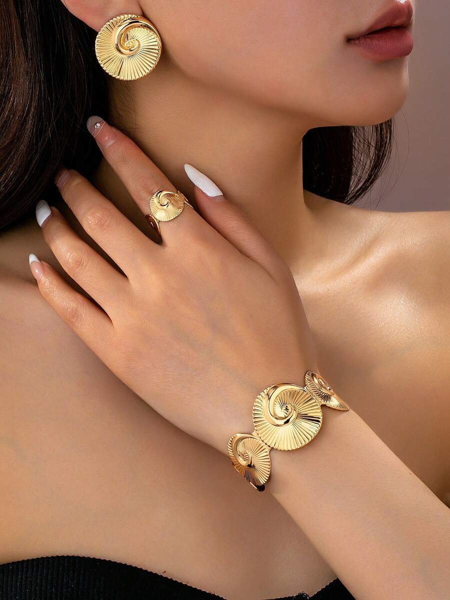 Bộ trang sức xoắn ốc vàng 3 món, thiết kế vỏ sò dành cho nữ, vòng tay, nhẫn và bông tai kiểu dáng độc đáo, vòng tay và nhẫn kim loại dày dặn, thiết kế đồng bộ, phù hợp để đeo hàng ngày, dự tiệc và hẹn hò. - Vàng - Xem 1